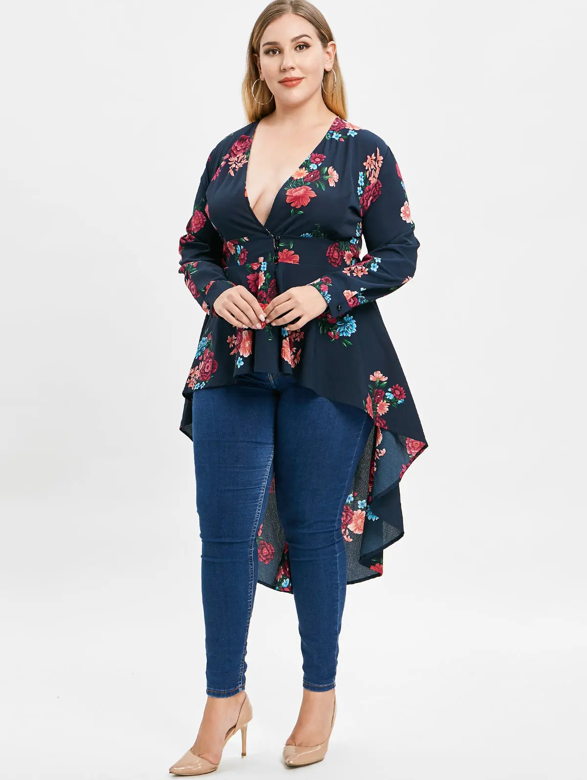 Wipalo плюс Размеры глубоким вырезом Высокий Низкий Цветочные Макси-блузка Осень с длинным рукавом Асимметричная блуза рубашка Для женщин Blusas 5XL Топы