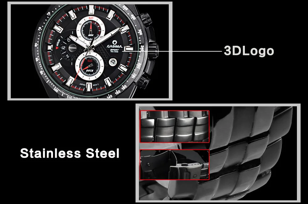 Мужские часы, нержавеющая сталь, кварцевые часы, модные, для спорта на открытом воздухе, хронограф, светящийся, водонепроницаемый, 100 м, clockCASIMA бренд#8101