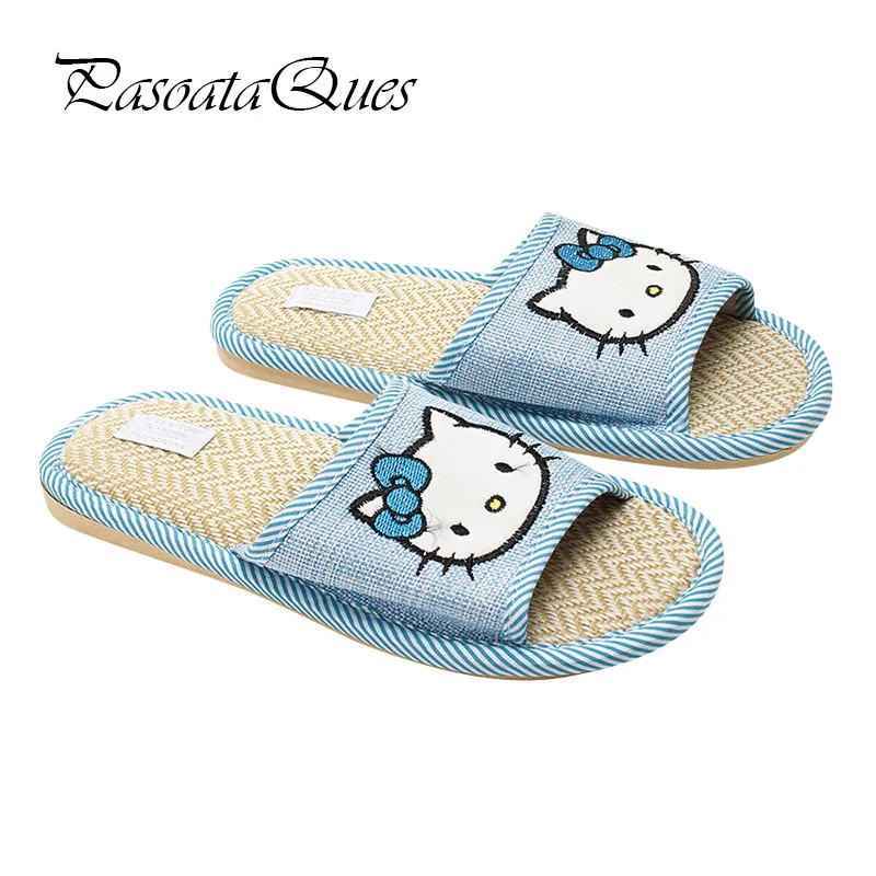 Новинка тапочки Hello Kitty сезон весна лето удобная дышащая льняная домашняя женская