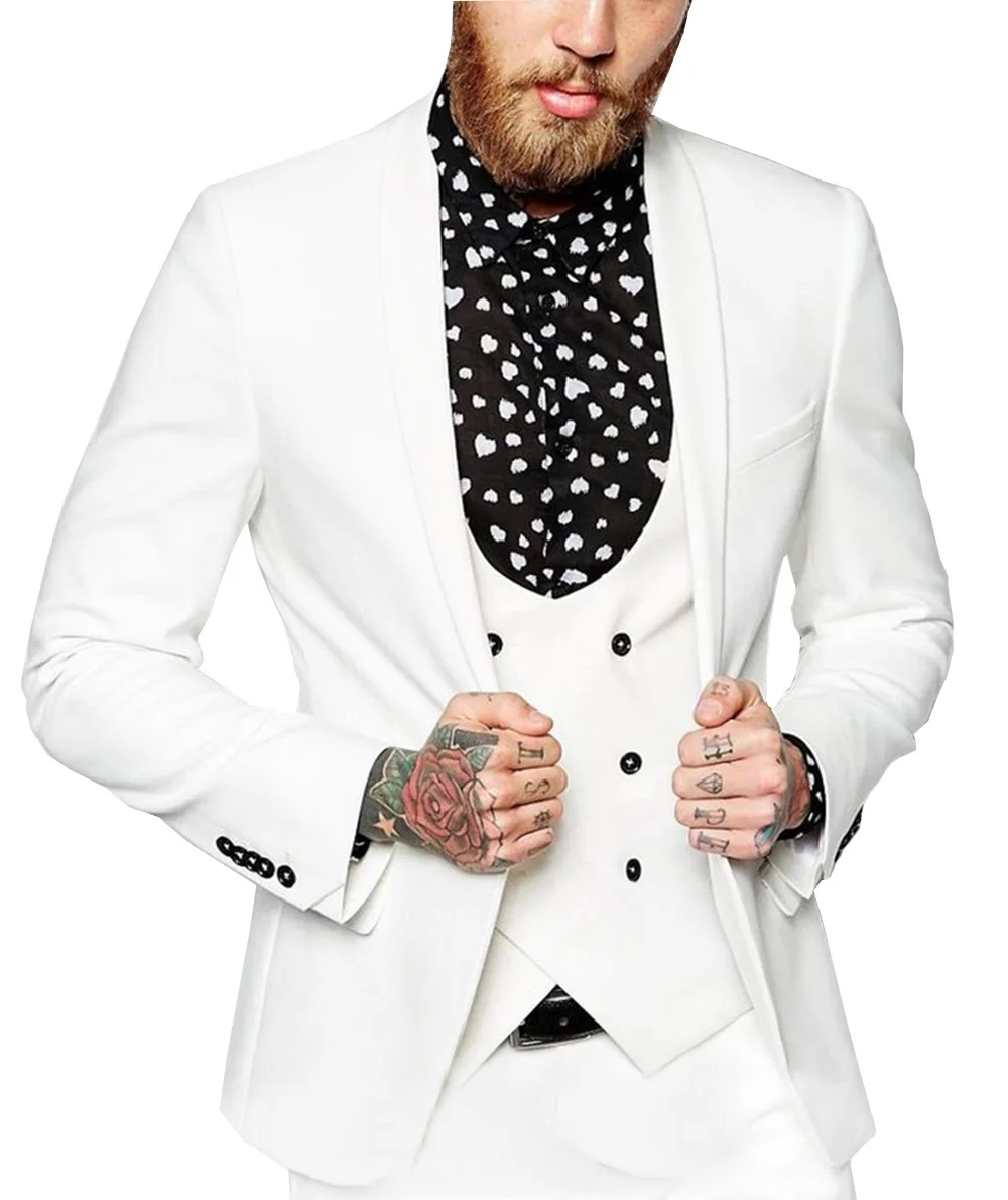 

2019 New Men White Suits 3-Piece Slim Fit Double-breasted Vest Tuxedo Groomsmen For Wedding(Blazer+vest+Pants)