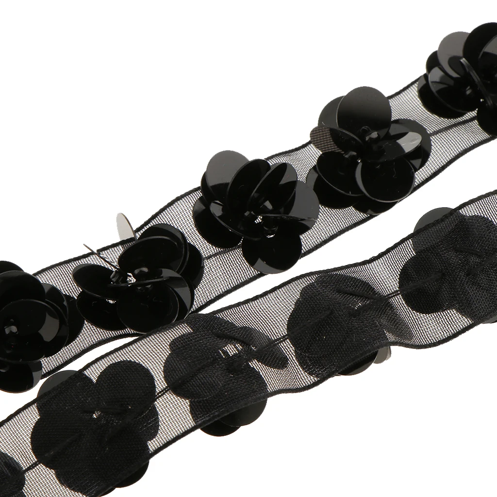 1 Yard 15mm Black Sequins Flower Beaded Lace Trim Ribbon Vintage Mesh Fabric Paillette DIY Sewing Apparel Wedding Decoration