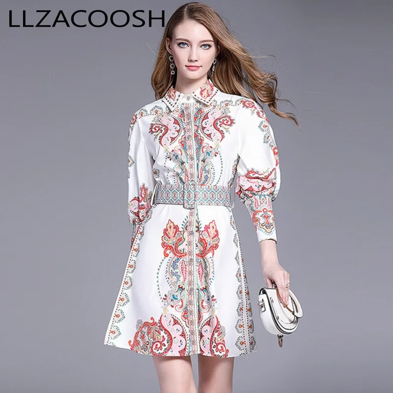 

Newest 2019 Runway Designer Summer Dress Women's Lantern Sleeve Turn down collar Elegant Belted Floral Printed Dress