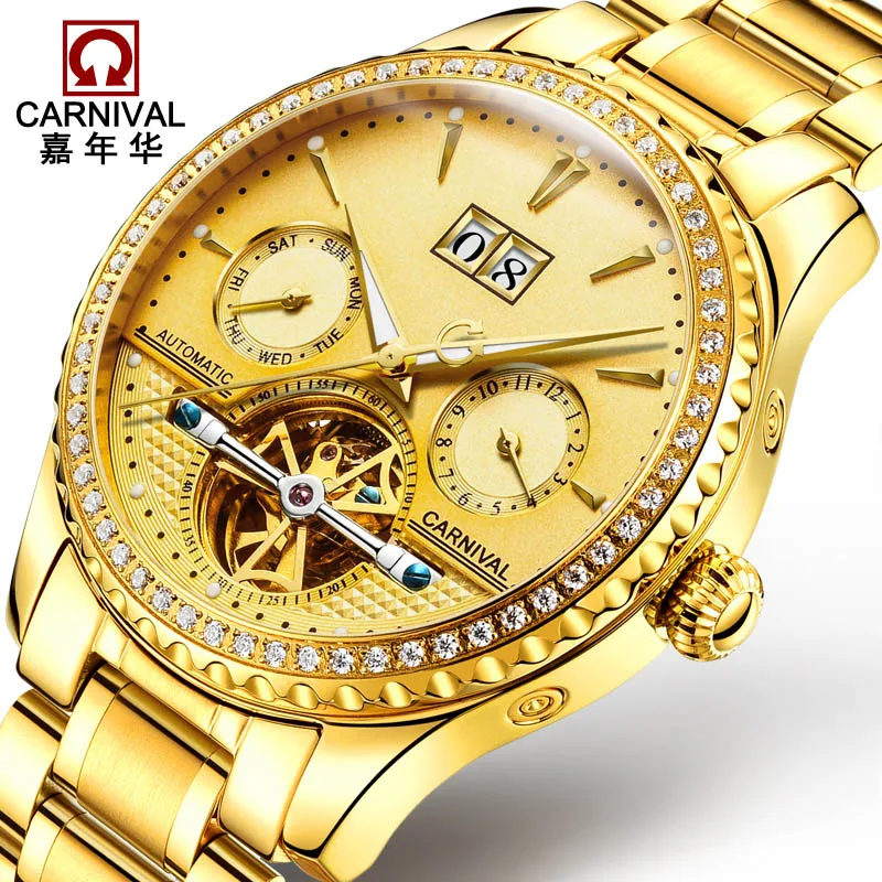 Карнавальные роскошные золотые деловые мужские часы от ведущего бренда, автоматические мужские часы с турбийоном, светящиеся механические часы
