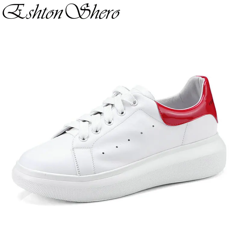 

EshtonShero Women's Shoes Autumn Spring Genuine Leather Lace Up Flat Heel Round Toe Mixed Color Casual Falts Shoes Size 34-39