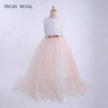 

Dreamy Bridal Lace Sequined Flower Girl Dresses O Neck Sparking First Communion Dresses for Girls Custom Made