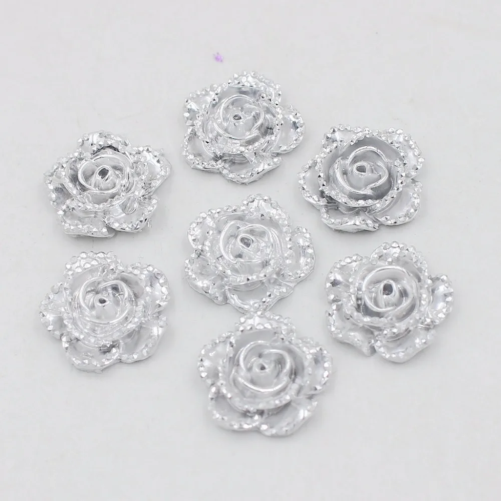 

New Arrival 20pcs 15mm Silver Resin Rose Flower Flatback Stone Appliques For Crafts DIY