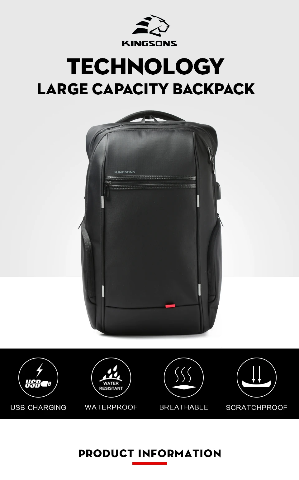 KINGSONS New 15 Inch Big Capacity Laptop Backpack Men Women Fashion Backpack Business Leisure Travel Student Backpack