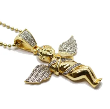 

2016 new arrived bling bling cz paved Cool mens jewelry,yellow gold angel pendant hip hop necklace