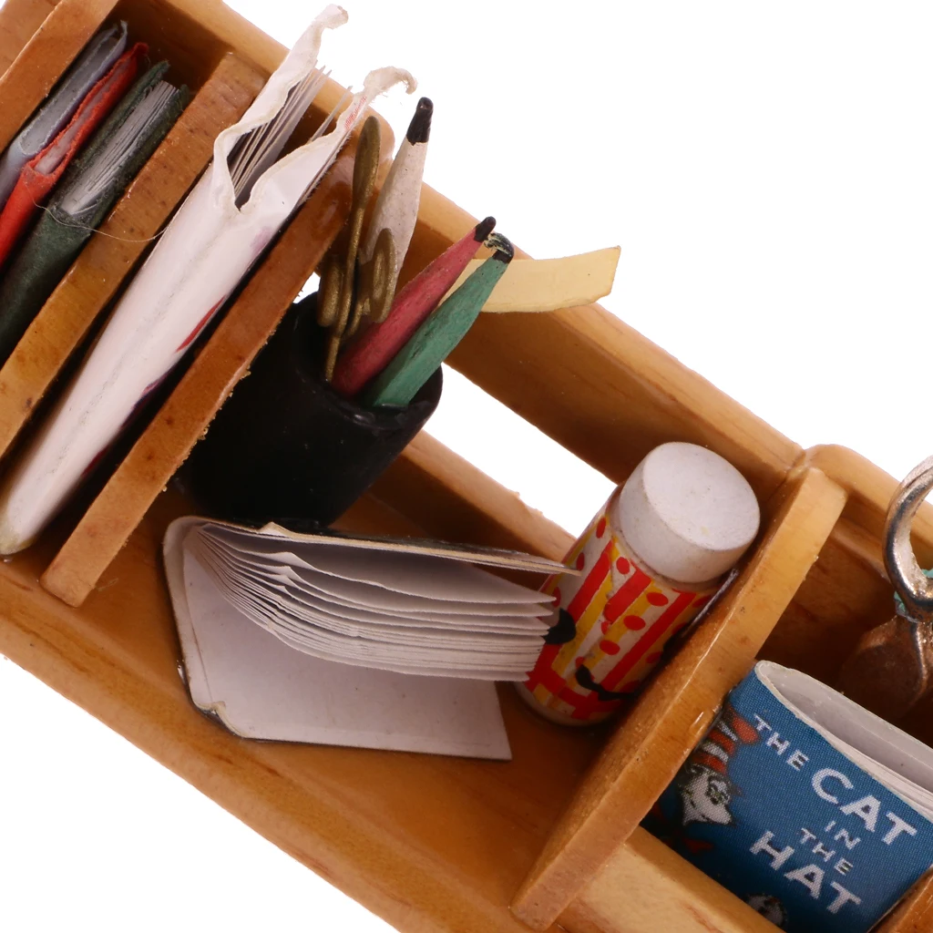 1/12 Dollhouse Miniature Furniture Book Shelf Study Table Storage Wood Color Doll House Accessory for Kids Toys Birthday Gift