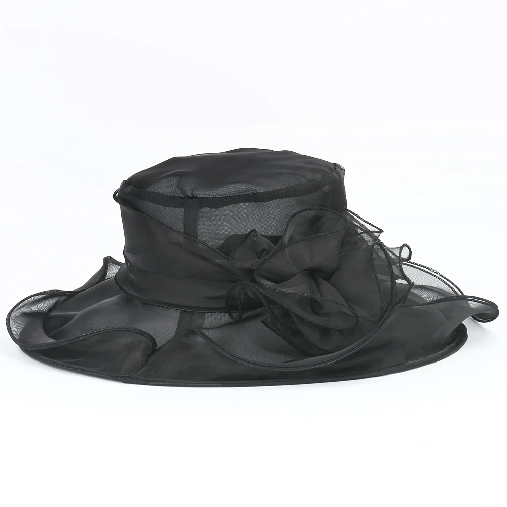 Модная женская свадебная формальная церковная шляпа из органзы с широкими полями, фетровые вечерние шляпы, пляжная шляпа от солнца - Цвет: Черный