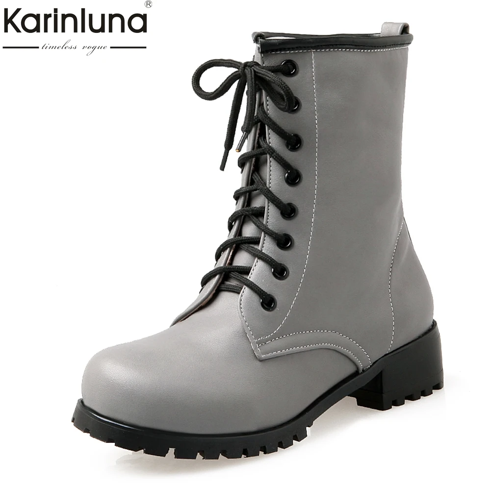 

Karinluna New Plus Size 33-43 Autumn Winter Martin Boots Square Heels Lace Up Woman Shoes Ankle High Shoes Women Leisure Boots
