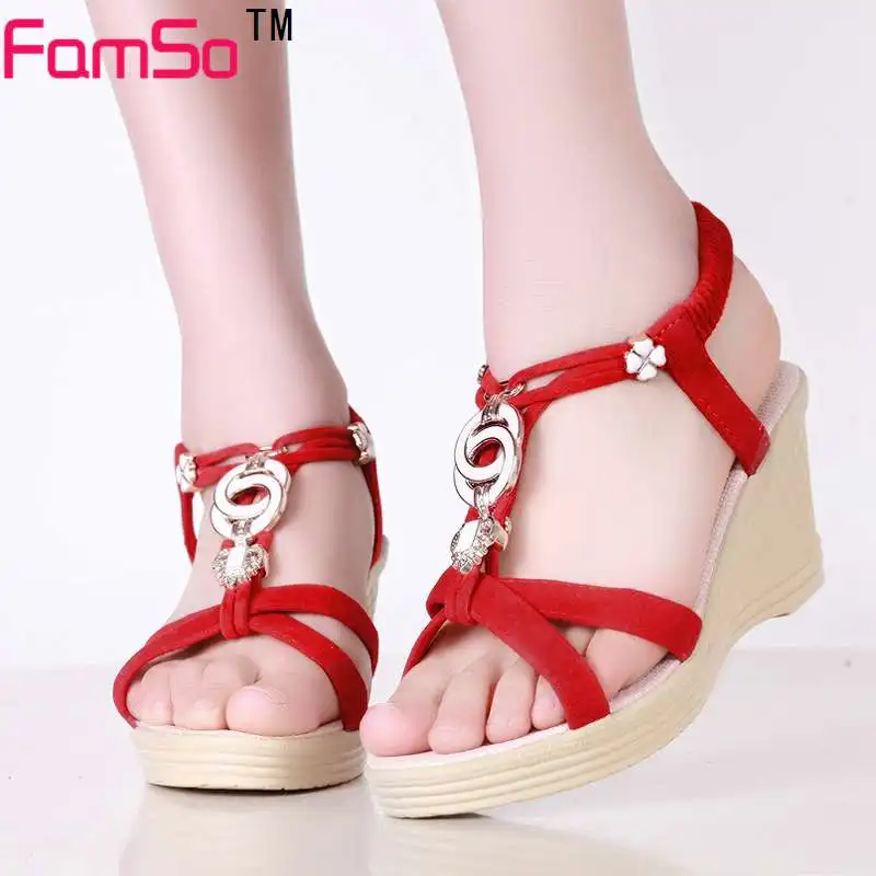 

FAMSO 2017 Free shipping black red Casual Shoes Wedges Buckle Elegant Style Summer Shoes Summer Women Sandals   ZWP3418