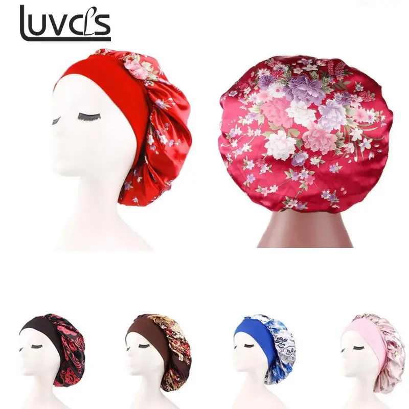 

58cm Floral Pattern Long Hair Care Women Satin Bonnet Cap Night Sleep Hat Silk Head Wrap Adjust Shower Cap