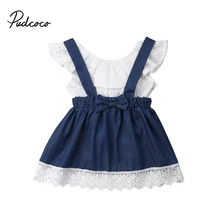 Кружевные джинсы для новорожденных и маленьких девочек, летняя одежда, топы с открытыми плечами для маленьких девочек, футболка, джинсовые юбки-пачки, комплекты одежды