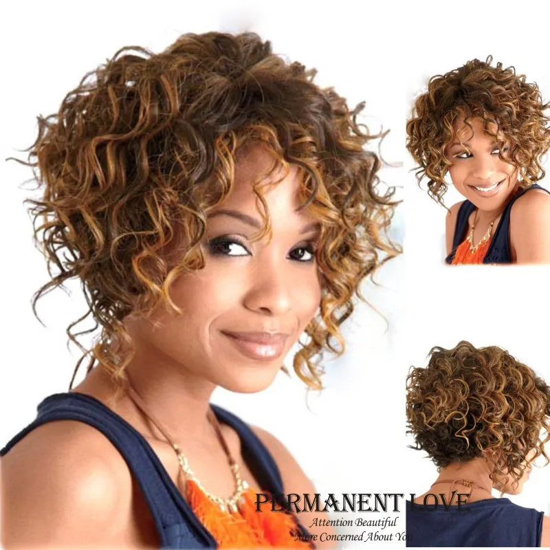 Afro kinky curly Wig HeatResistant Synthetic ombre brown