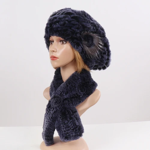 Новая зимняя женская теплая Настоящий мех кролика шапка с натуральным шарф из меха кролика рекс 2 шт наборы модный головной убор и глушитель - Цвет: blue