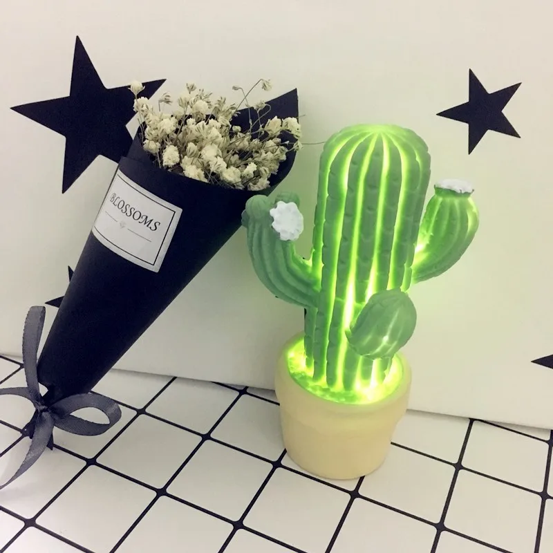 LED Table Night Light Cactus Pot Green Plant 3D Desk Lamp Novelty Kids Bedroom Nursery Toy Home Party Decoration Battery Powered
