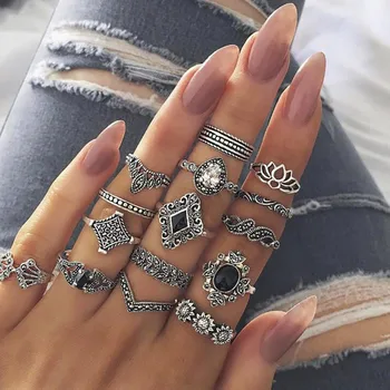 

15 Pcs/set Bohemian Retro Crystal Flower Leaves Hollow Geometric Gem Ring Set Knuckle Finger Midi Ring for Women Jewelry