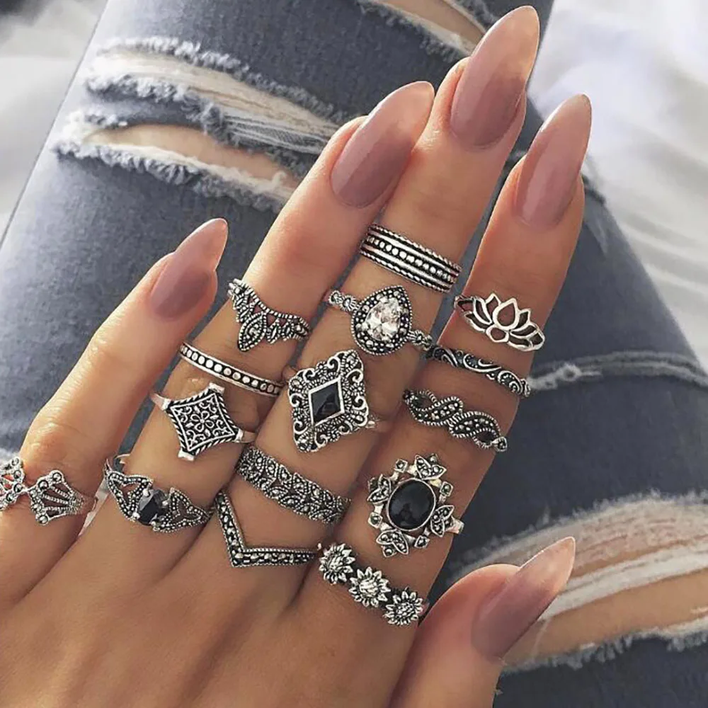 

15 Pcs/set Bohemian Retro Crystal Flower Leaves Hollow Geometric Gem Silver Ring Set Knuckle Finger Midi Ring for Women Jewelry