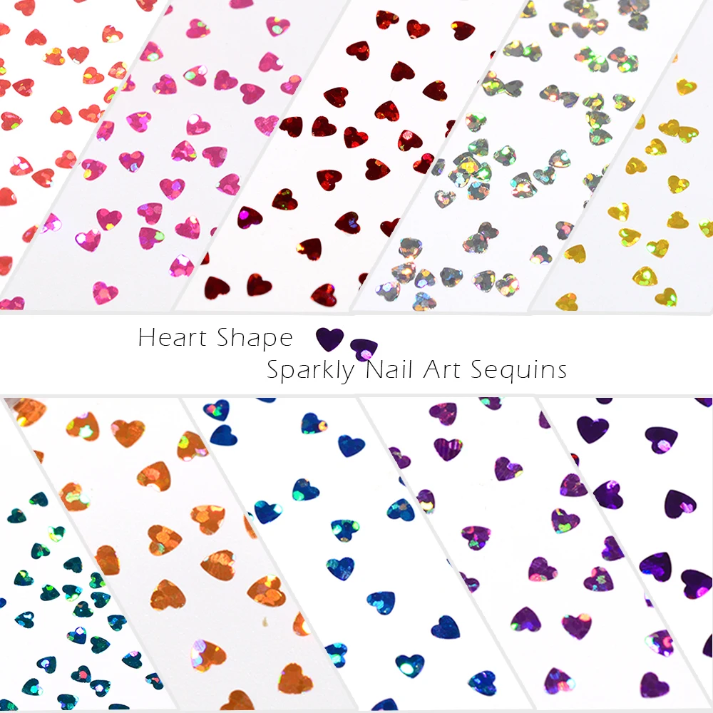 1 funda con forma de corazón para uñas brillo brillante lentejuelas láser 3D decoración de uñas copos de Paillette consejos 12 colores DIY manicura SA469