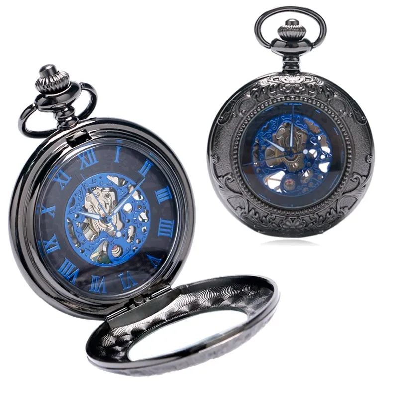2016 Новая Мода ретро черный цветочный узор с Стекло синий Роман набора номера Скелет Механические карманные часы, чтобы Для мужчин Для