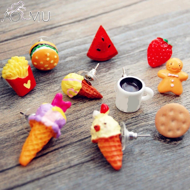 

AOMU 2 Pcs Children Girl Cute Cartoon Resin Food Stud Earrings Hamburger Fries Fruit Ear Stud Earring for Women Gift Brincos