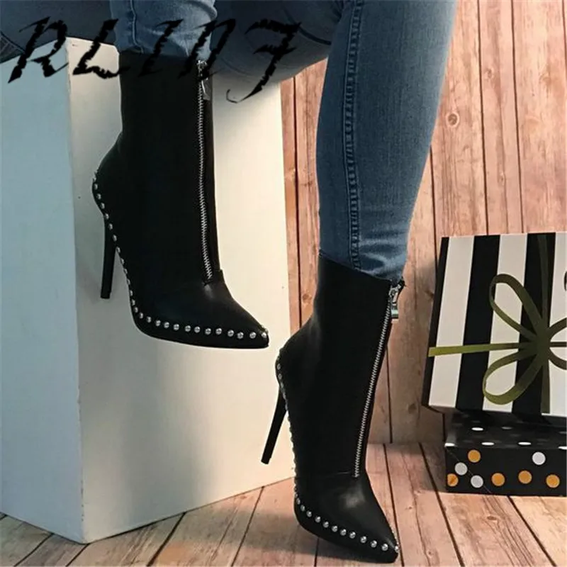 RLINF/Женские ботинки в стиле панк; Новинка года; сезон осень-зима; обувь на очень высоком каблуке с острым носком и заклепками