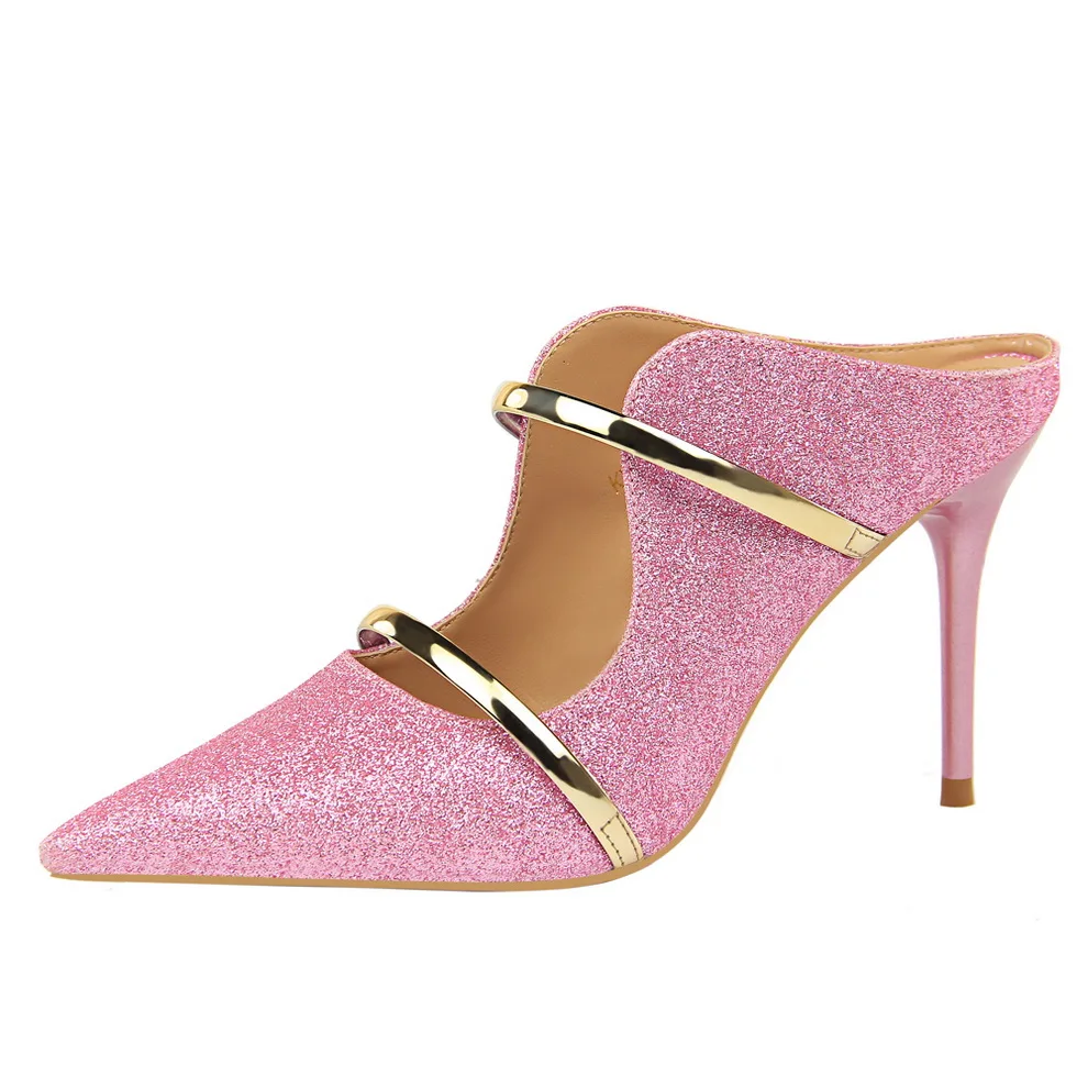 Женские летние блестящие сандалии на высоком каблуке 9 см; женские блестящие туфли без задника с ремешком на пятке; Серебристые туфли-лодочки; женская обувь; цвет золотой, розовый; Свадебная обувь