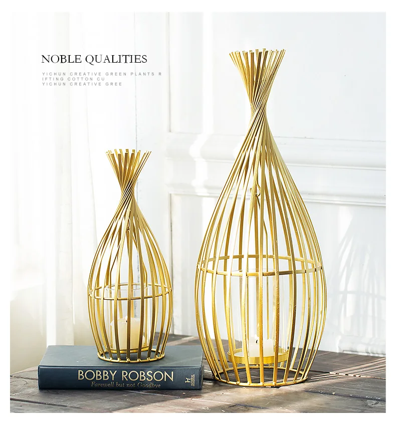 Golden Wrought Iron Geometric Candlestick Romantic Ornament Decoration Candle Light Dinner Props Small 1-Pcs