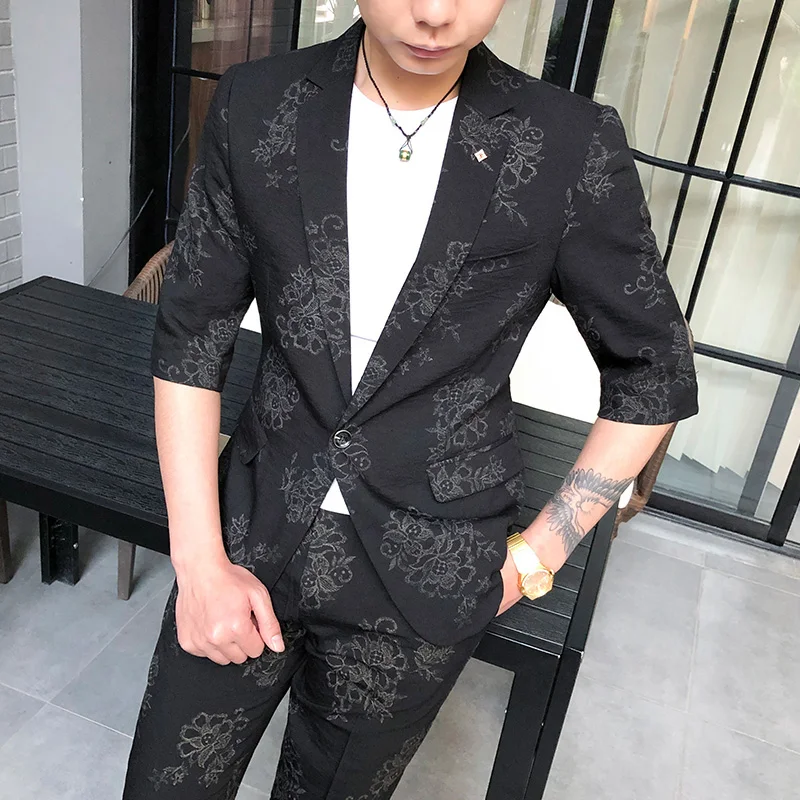 

Jacket+Pant Summer Men Suit Fashion 2019 Slim Fit Half Sleeve Wedding Suits Men Thin Gentlemen Business Formal Wear Men's Suit