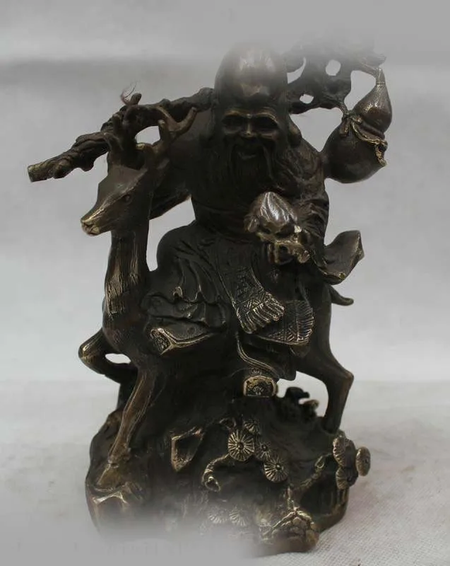 

8"Chinese Bronze longevity Sit Deer the god of longevity grandpa Peach Statue