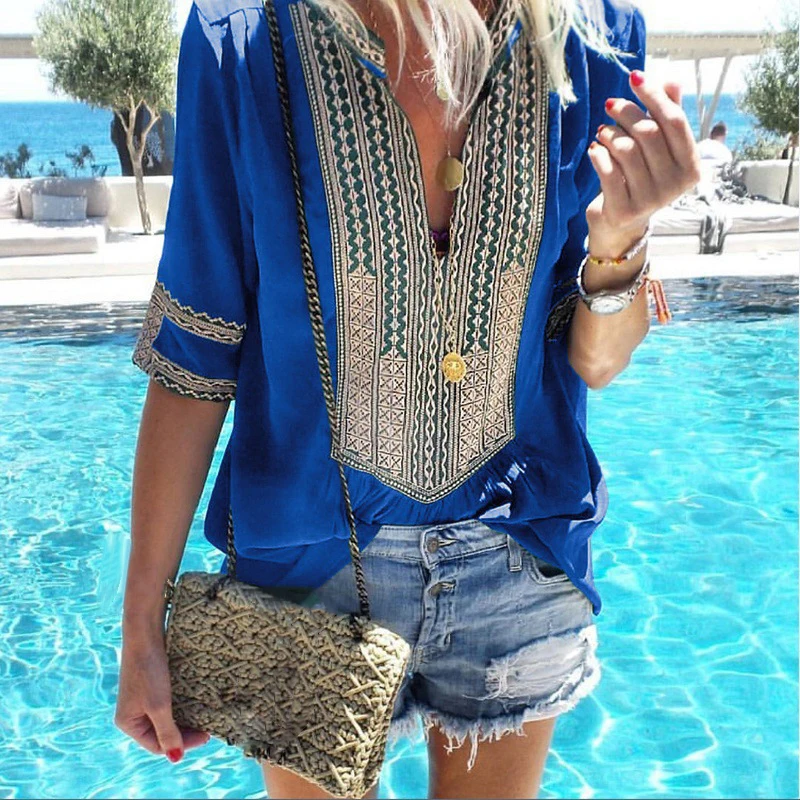 

2019 Women's New Fashion Blouse Tops Beach Party Summer Loose Boho Deep V-Neck Half sleeves Print Blouse Femme Streetwear Shirt