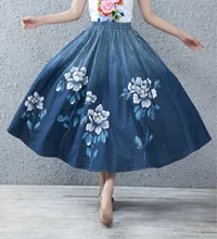 2019 New Vintage Denim Long Maxi Skirt for Women Summer Spring Nation Style Elastic High Waist A-line Hand Painted Floral Skirt 2019 New Vintage Denim Long Maxi Skirt for Women Summer Spring Nation Style Elastic High Waist A-line Hand Painted Floral Skirt