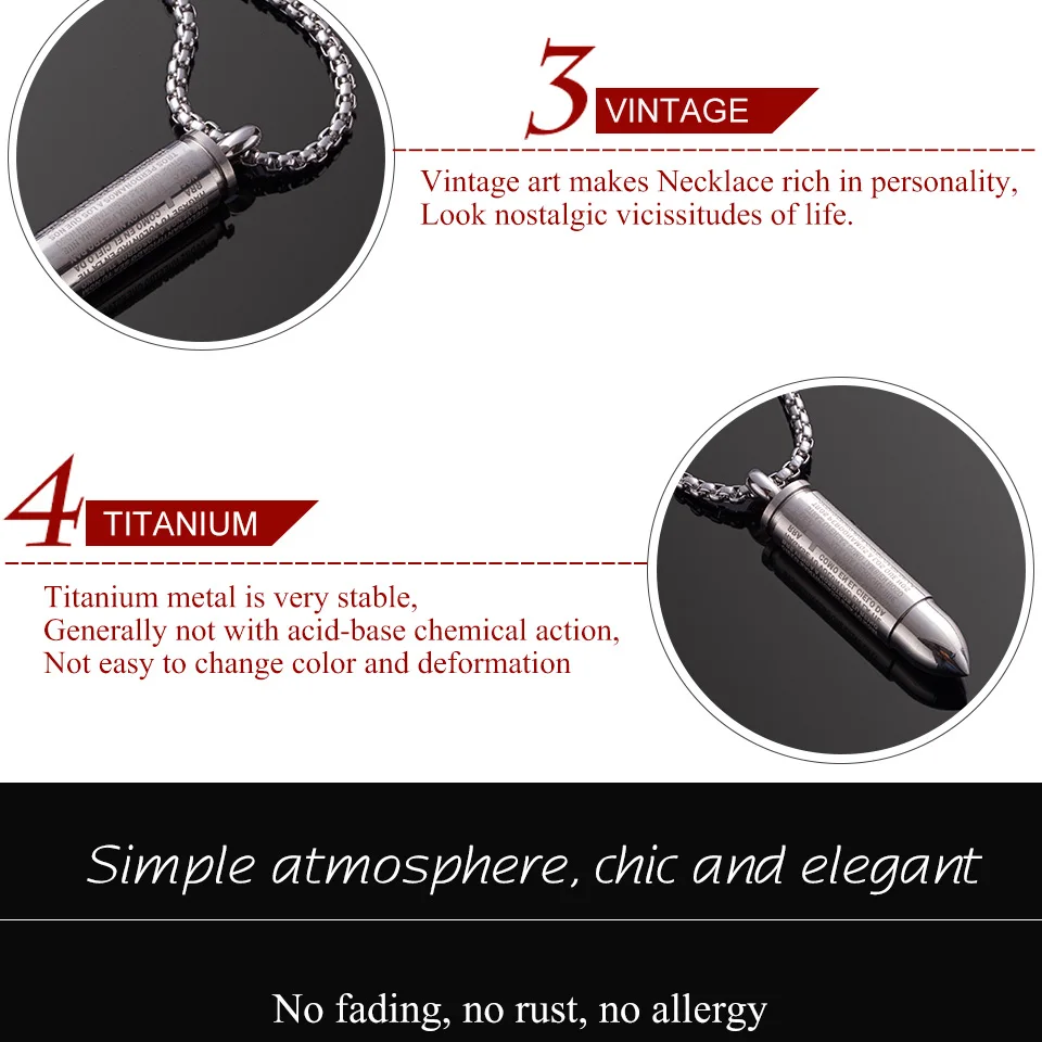 Military Necklace Jewelry Accessories for Men Male Stainless Steel Cross Scripture Engraved Bullet Pendant Necklace Vintage