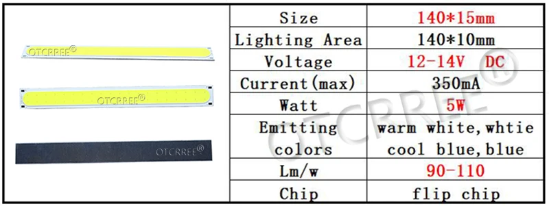 1 шт. 14015 140*15 мм светодиодный COB источник света 12 В DC 5 Вт 500лм холодный белый светодиод флип-чип для DIY дневного света автомобиля