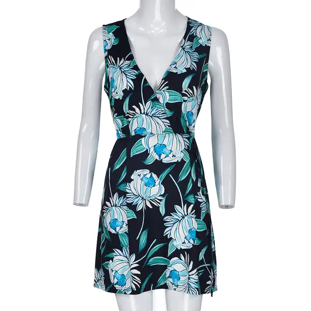 navy floral cut in neck wrap dress
