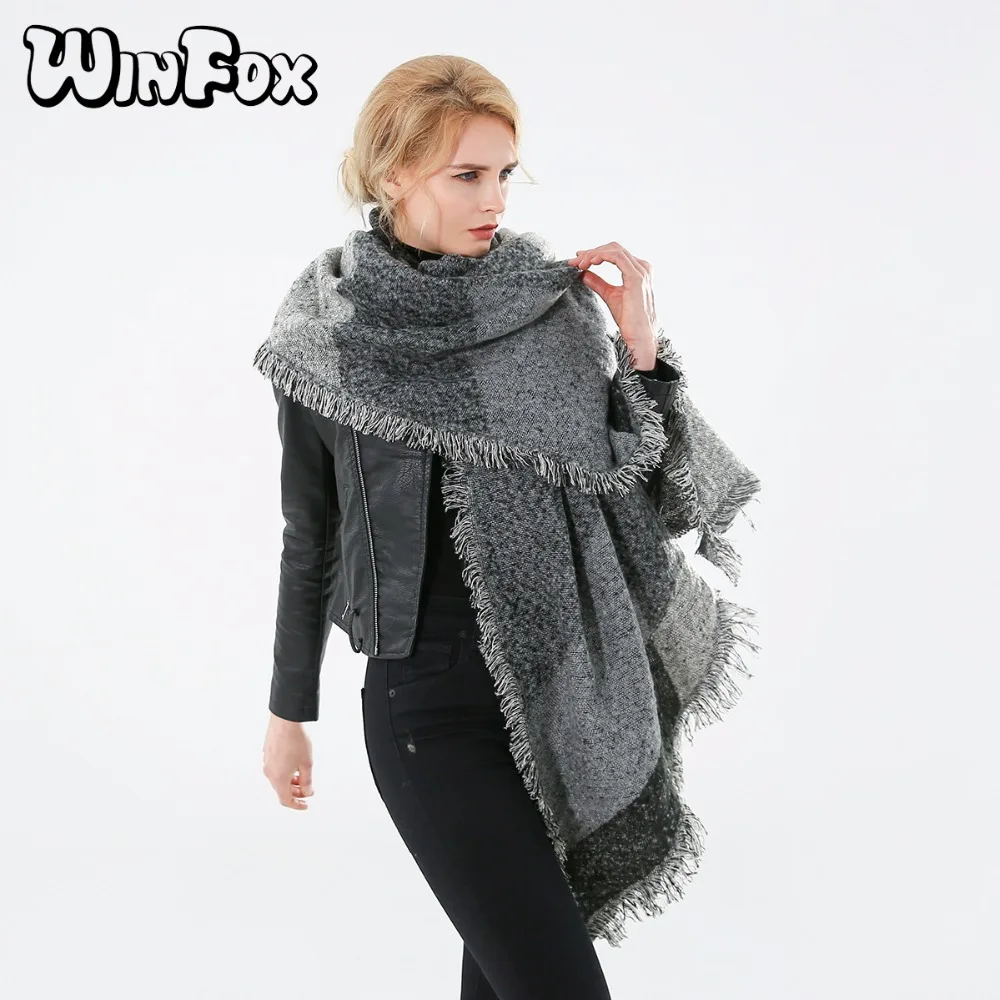 

Winfox Luxury Brand Winter Grey Fringe Blanket Scarf For Women Cashmere Shawl Cape Ladies Warm Thicker Scarves Foulard Mujer