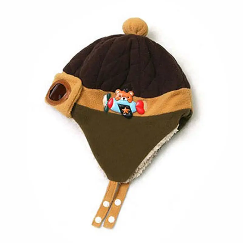 Теплая детская шапка для малышей от 10 до 48 месяцев, Шапка-бини для мальчиков и девочек, детская зимняя шапка-пилот, шапки с помпоном - Цвет: Коричневый