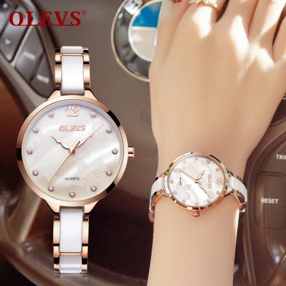 OLEVS керамическое платье женские часы Роскошные розовое золото женские наручные часы Япония Импорт Кварцевые механизм часы Relogio Feminino Новинка