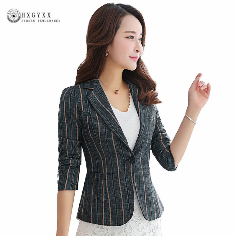 

Long Sleeve Stripe Blazer Women Clothes 2019 Spring Causal Single Button Suit Jacket Female OL Plus Size Tweed Fashion Coat B100
