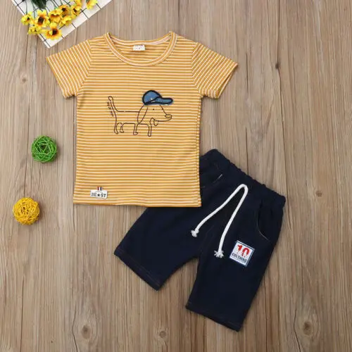 

Summer Kids Baby Boy Cotton Clothes Stripe Dog Print Top Shorts Pants Outfits Clothes Set 1-4T