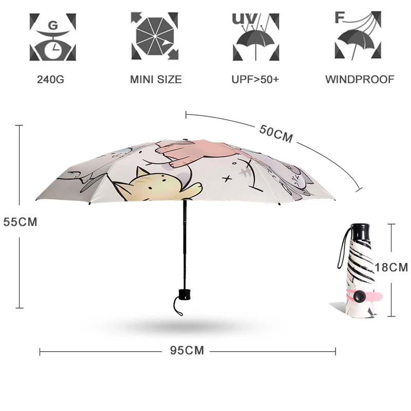 Мини зонт от солнца, дождя, для женщин, кошка, черное покрытие, солнцезащитный крем, брендовый, с карманом, 5 складных зонтов, для детей, Guarda Chuva, модные, Paraguas