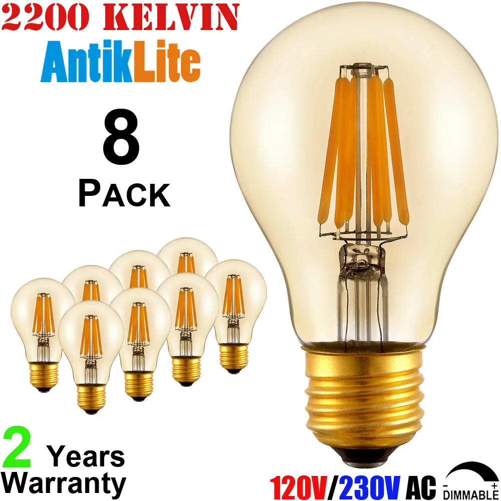 

A19 4W 6W 8W Amber Glow LED Vintage Filament Bulb, AC 120-Volt Dimmable E26 E27 Medium Screw Base A60 Antique Edison Light Bulb