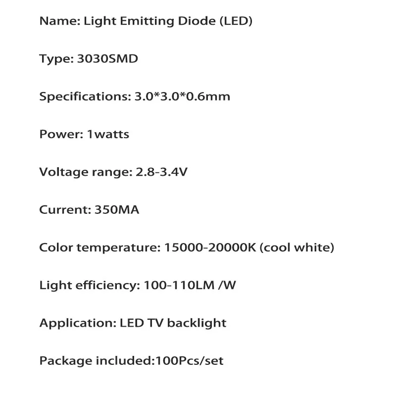 100 шт./лот Новинка высокомощный лампа холодного света светодиодных шариков 3v Для ремонт lcd-телевизоров led-Телевизор подсветка полосы света-диод 3030smd 1 Вт