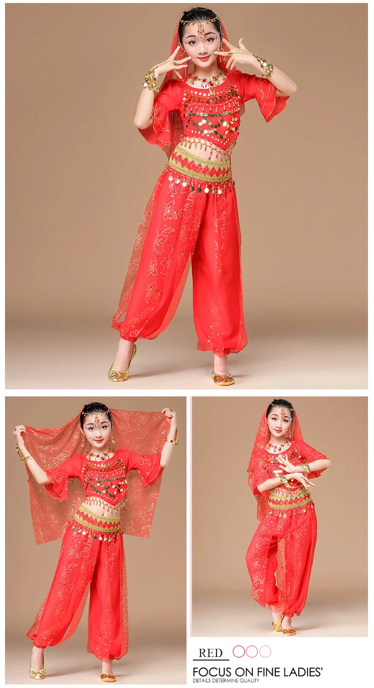 Сари танцевальная одежда Дети танец живота костюм установить индийские наряды рукава-крылышки Болливуда Костюмы 4 шт. (Топ штаны с поясом