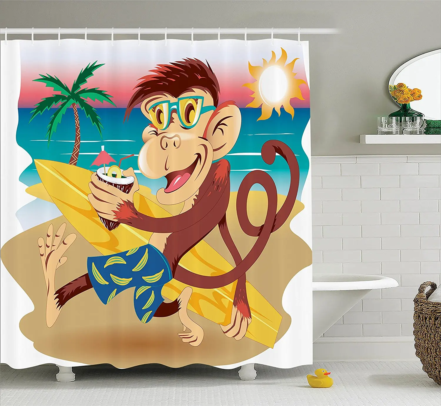 Hewan Decor Shower Curtain Hipster Monyet Dengan Nya Papan