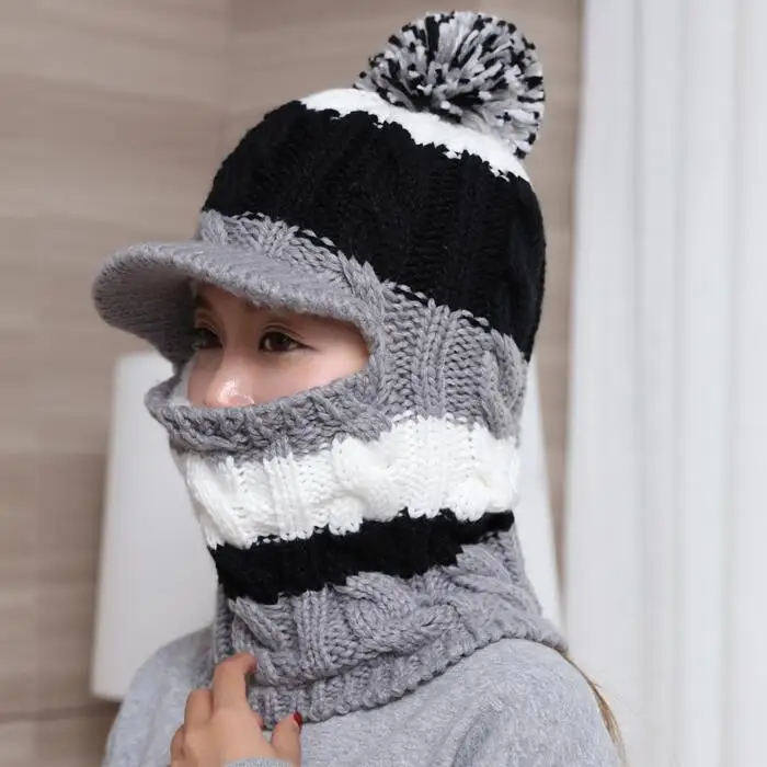 Шарф Skullies вязаные шапочки зимние, шапки для Для женщин шерстяной вязаный Балаклава маска для лица плюс бархат Спорт на открытом воздухе теплая шапка - Цвет: black
