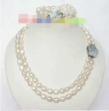 

Shipping >> new hot length 49" 8" 8-9mm baroque light pink pearls necklace 2row bracelet set j8474