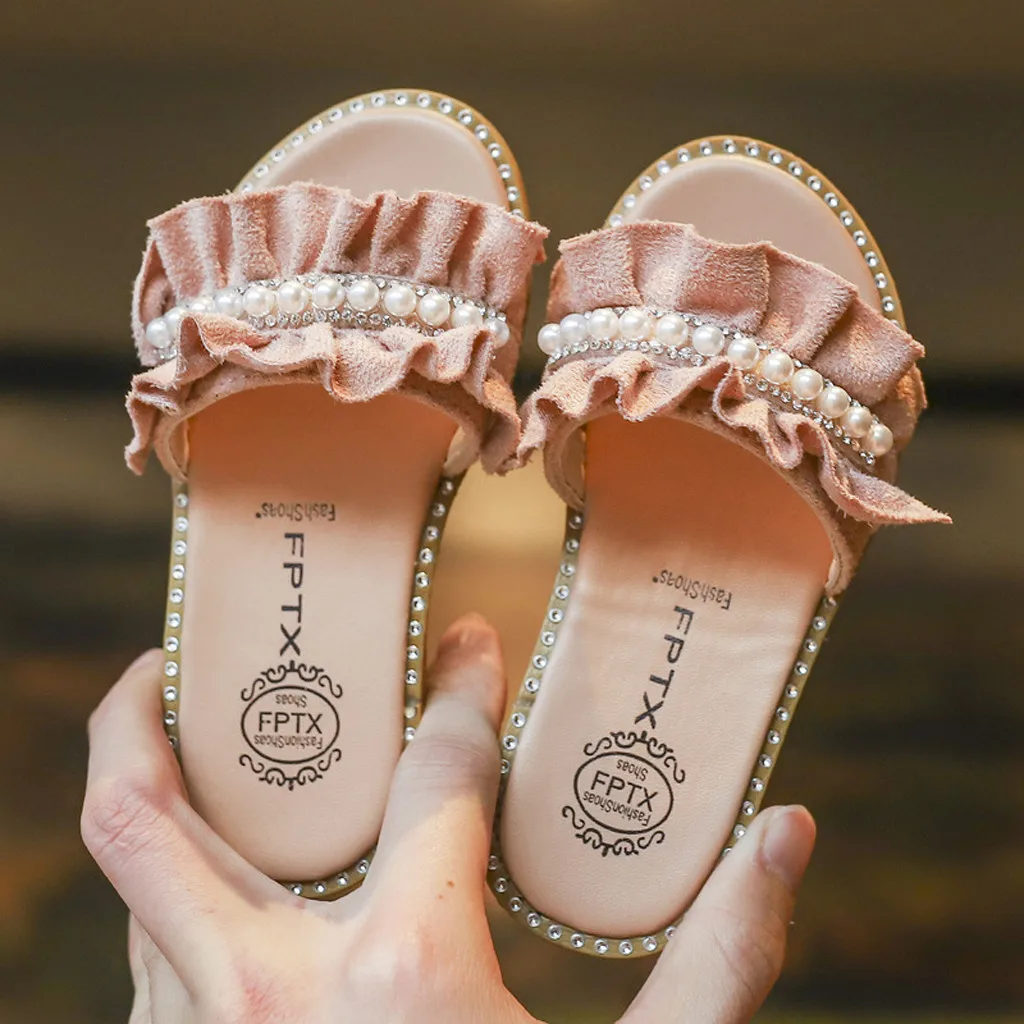 Детская обувь для маленьких девочек с жемчугом и кристаллами; обувь для принцессы сандалии; тапочки; Одежда для маленьких девочек;# G6 - Цвет: Розовый