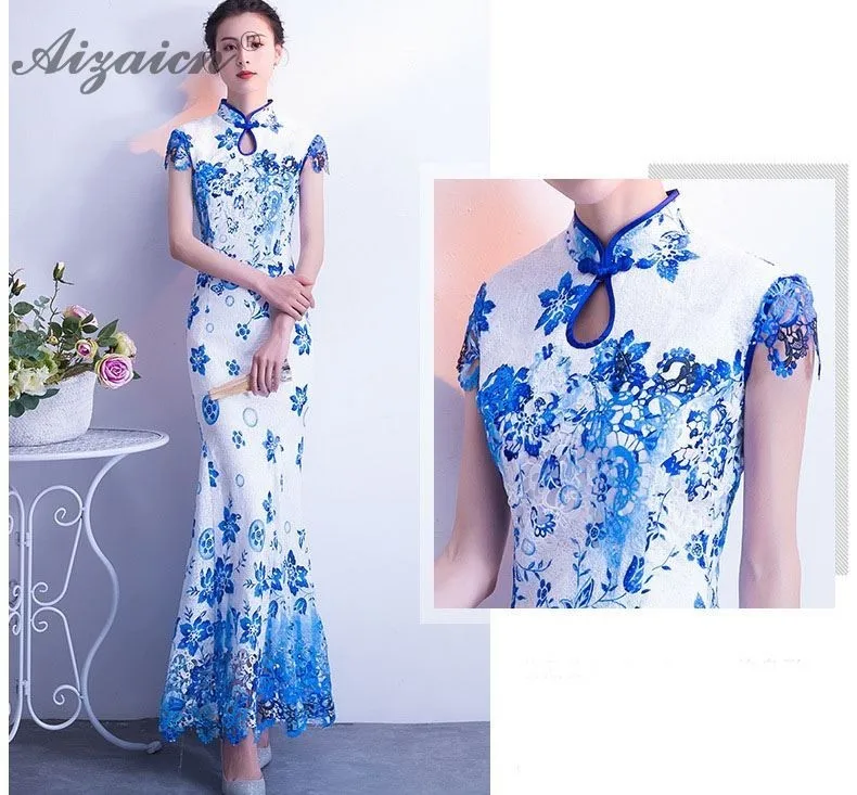 Современные Русалка сине Белые Длинные Cheongsam платья для женщин для китайский вечернее китайское платье-Ципао халат Longue Femme Chinoise винтажные платья